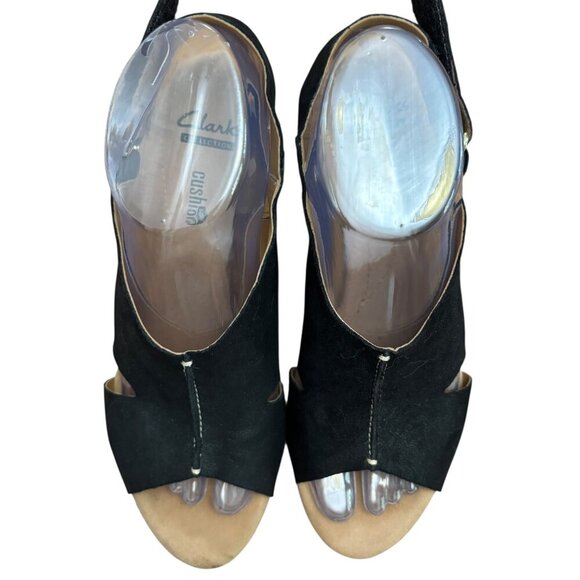 CLARKS Collection Helio Float Black Nubuck Wedge Heels Size 8 Adjustable Strap - Picture 4 of 11